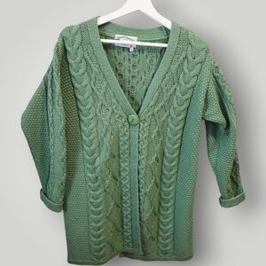 Aran crafts merino wool one button cable knit cardigan long sweater Large